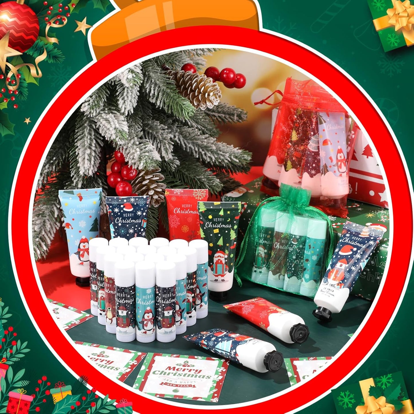 36 Set Christmas Hand Cream Gift Set, Including Moisturizing Christmas Hand Lotion, Xmas Lip Balm, Gauze Bags, Thank You Cards Natural Fragrant Xmas Hand Cream with Lip Balm Christmas Gifts