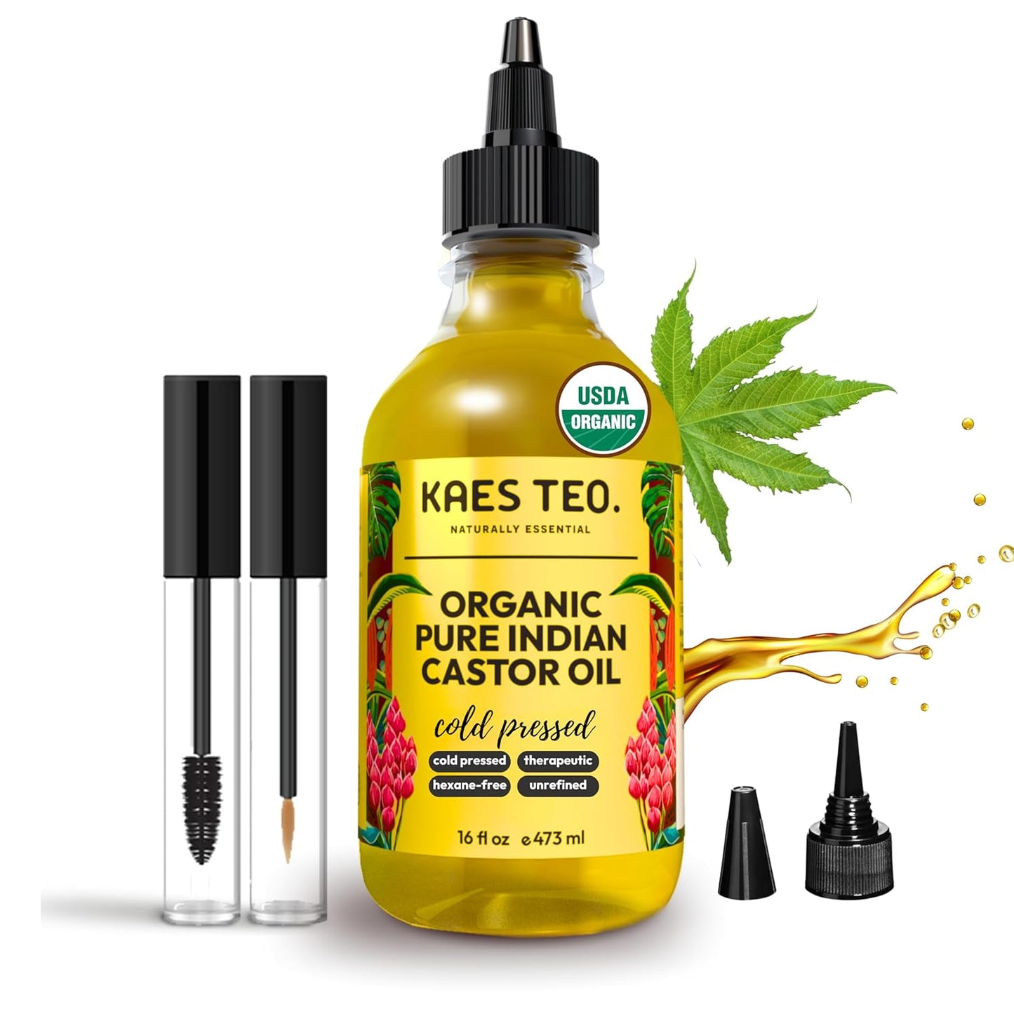 Cold Pressed Organic Castor Oil Hexane Free - 16 Fl Oz - 100% Pure, Natural - Premium Grade Carrier Oil for Hair Growth, Eyelashes and Eyebrows, Skin, Nails, Face & More, Castor Oil Packs