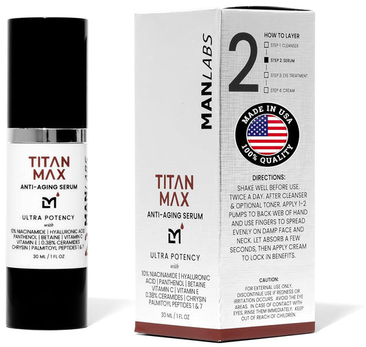 Titan MAX Anti-Aging Face Serum for Men – Ultra Potency Mens Face Moisturizer – Men, Dark Spots, Wrinkles, Fine Lines – Vitamin C & E, 10% Niacinamide, Hyaluronic Acid – Unscented