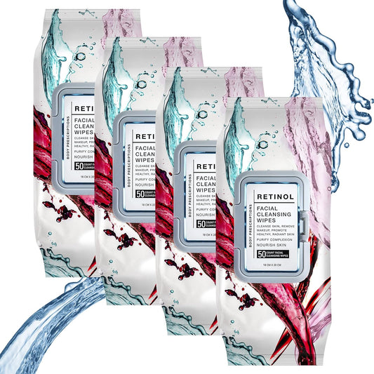 Body Prescription Makeup Cleansing Wipes - Gentle and Effective Face Wipes, 50 Count (Pack of 4), Retinol