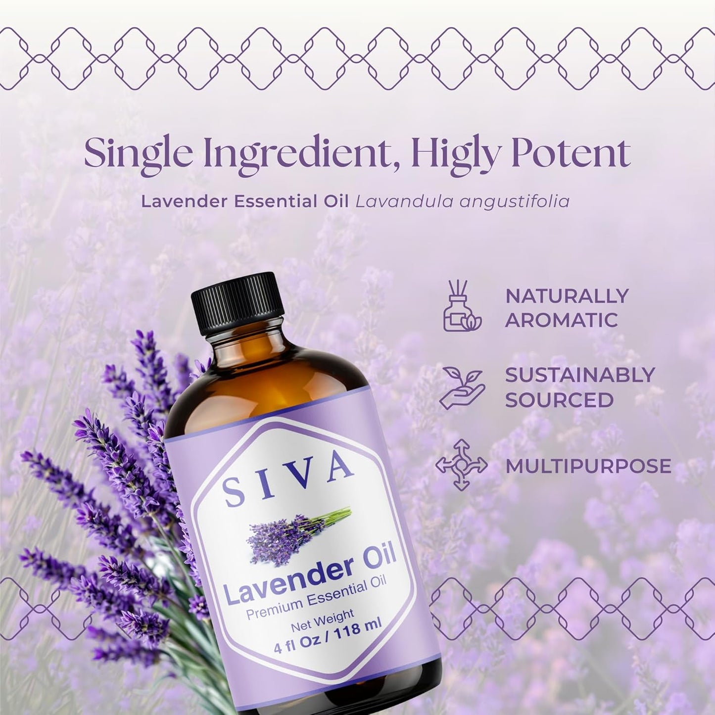 Siva Lavender Essential Oil - 4 Fl Oz – 100% Natural Lavender Oil - for Diffuser, Face, Skin Care, Aromatherapy, Hair Care, Scalp and Body Massage - with Dropper