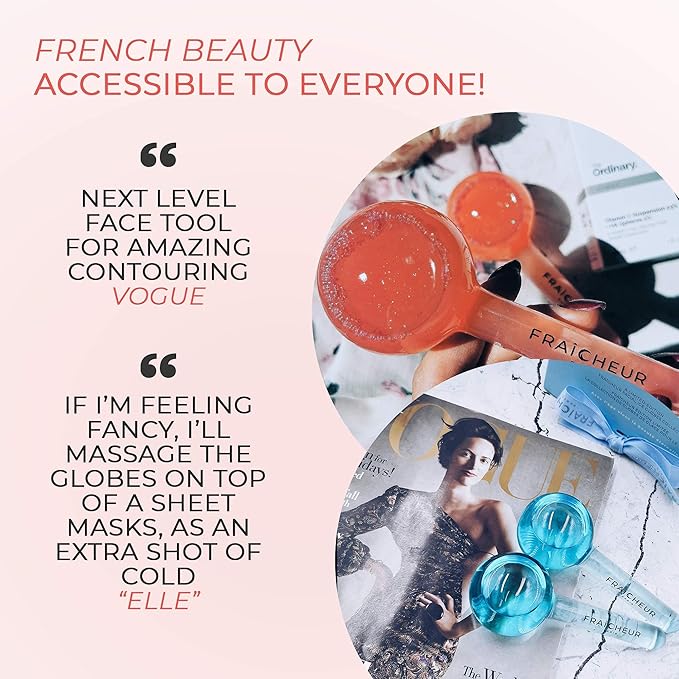 FRAÎCHEUR ICE Globes | Frozen Cryo Roller for Cold Facial Massage | Skincare Cooling Glass Massager with Anti-Freeze Liquid Inside | Reduce Puffiness, Pores (Pink with Glitters)