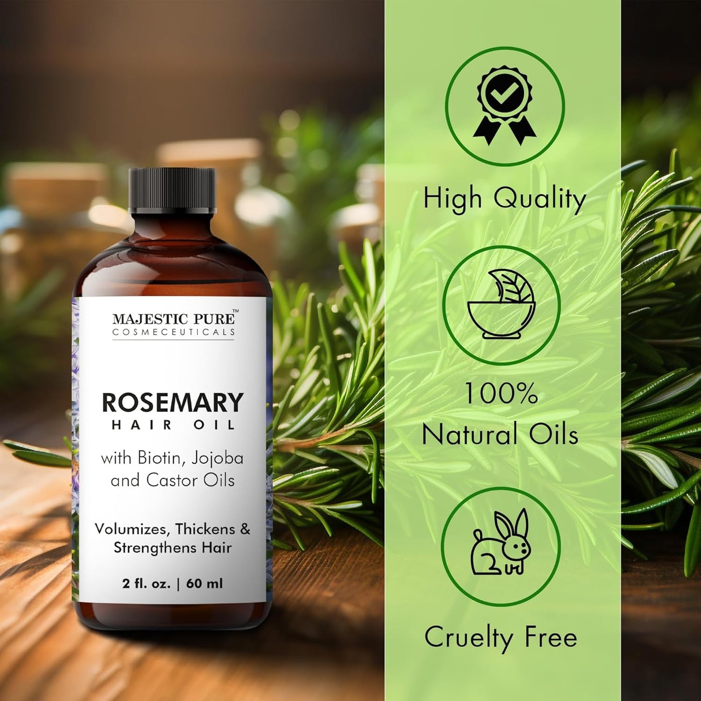 Majestic Pure 100% Pure Rosemary Oil For Hair Growth - Strengthening, Nourishing, Volumizing - Infused with Biotin Oil, Jojoba Oil & Castor Oil - Non GMO Verified - 2 Fl Oz