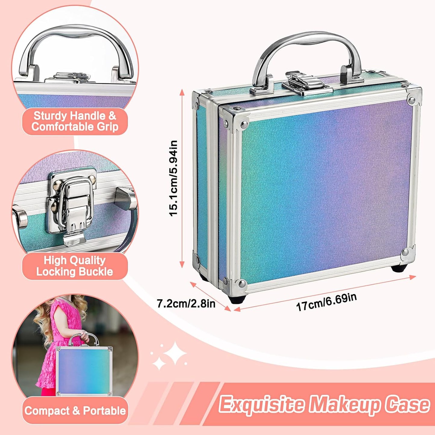 Anpro All-in-One Makeup Carry Case with Pro Teen Makeup Set, Full Starter Cosmetics Kit with Makeup Brushes, Eye Shadows Palette, Blushes, Glitter Gel, Temporary Tattoo Stickers - Pink, Style01