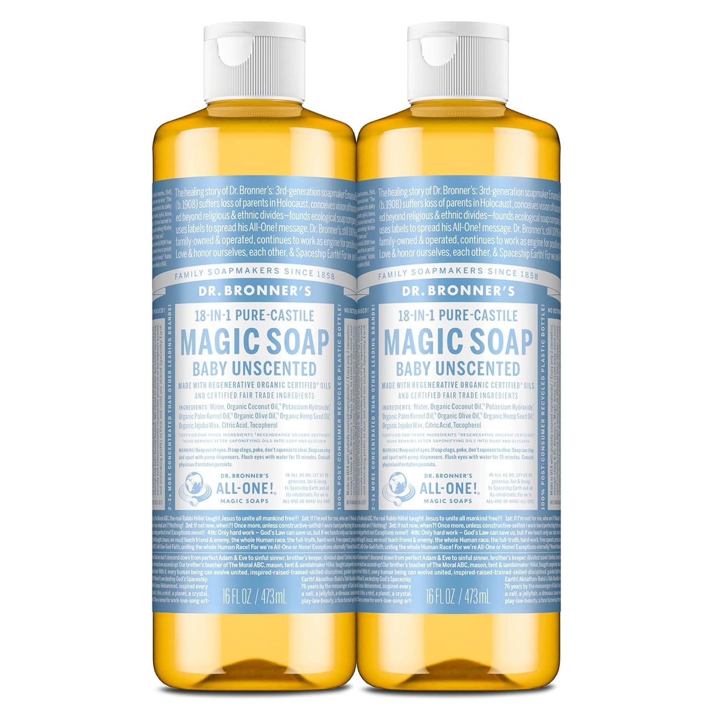 Dr. Bronner's Pure-Castile Magic Liquid Soap (Baby Unscented, 16 Ounce, 2-Pack)- Made with Regenerative Organic Certified Oils, For Face, Hair, Hand & Body Soap, Laundry, Pets- Concentrated, Vegan