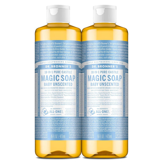 Dr. Bronner's Pure-Castile Magic Liquid Soap (Baby Unscented, 16 Ounce, 2-Pack)- Made with Regenerative Organic Certified Oils, For Face, Hair, Hand & Body Soap, Laundry, Pets- Concentrated, Vegan