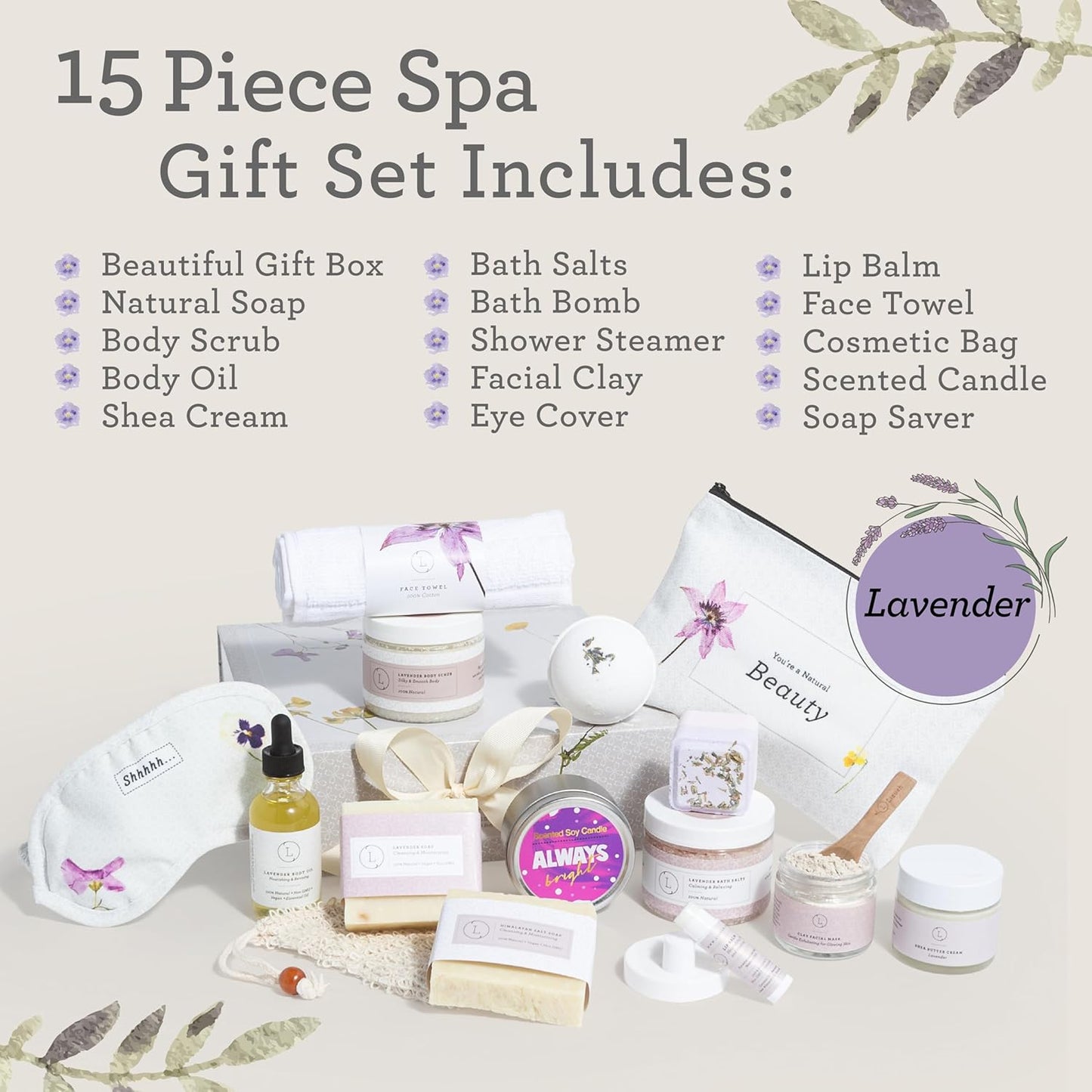 Lizush Luxury Spa Gifts for Women - 15 Piece Lavender Gifts for Her, Gift Baskets for Women, Body Care Set for Mom, Birthday Box, Self Care Spa Kit For Wife - Handmade in the USA