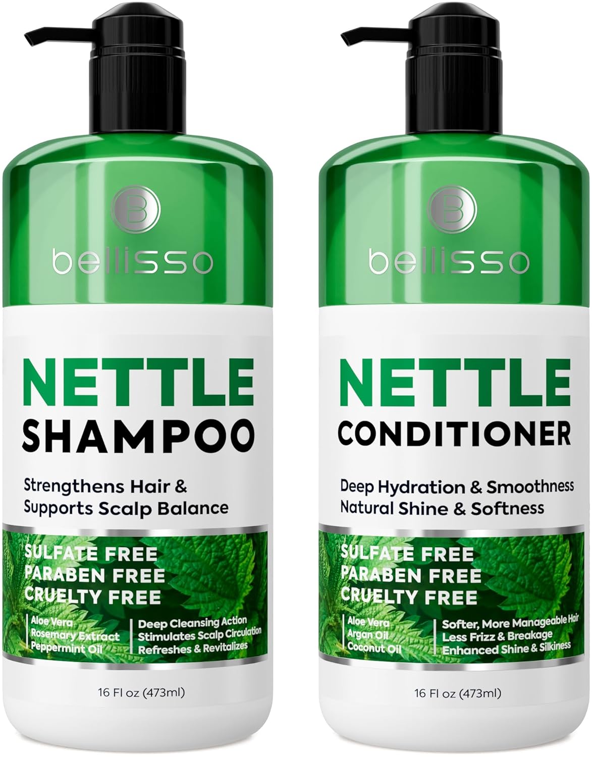 Nettle Shampoo and Conditioner Set - Sulfate Free to Boost Volume - Thickening, Strengthening, Volumizing Formula for Fine and Thinning Hair Women and Men - 16 Fl Oz (Pack of 2)