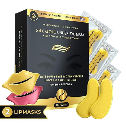16 Pairs Gold Under Eye Patches with 2 pieces of Lip Mask | Under Eye Mask Dark Circles and Puffiness | Wrinkles Patches with Hydrogel | Collagen Eye Pad