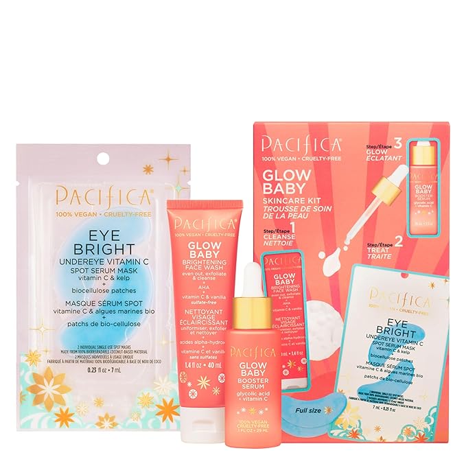 Pacifica Beauty | Glow Baby Vitamin C Trial + Value Kit | 3-Piece Skin Care Gift Set | Travel Friendly | Brightening Face Serum, Face Wash/Cleanser, Under Eye Patches | Glycolic Acid, AHA | Vegan