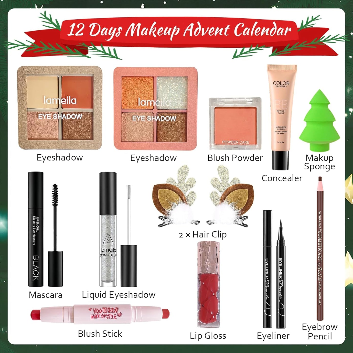 Makeup Advent Calendar 2025, 12 Days Christmas Makeup Gift Set for Women & Teens, Makeup Set Christmas Countdown Calendar, Make up Set for Girls, Holiday Surprise Make Up Kit for Women Full Kit