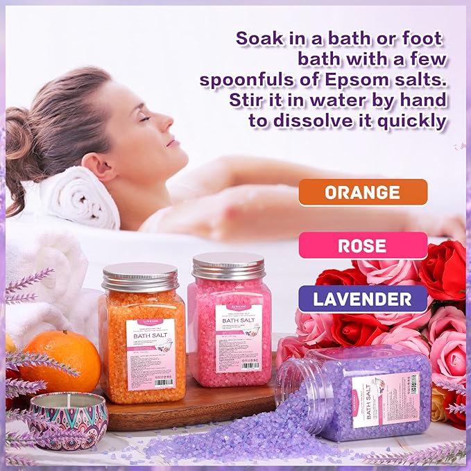 Bath Salt 3 Pack Kit Himalayan Pink Salt Foot Soak Lavender Orange Rose Scent Tea Tree Oil Epsom Salt Bubble Bath for Women Dead Sea Salt Moisturizing Skin Softens Calluses Mom Bath Sea Salt