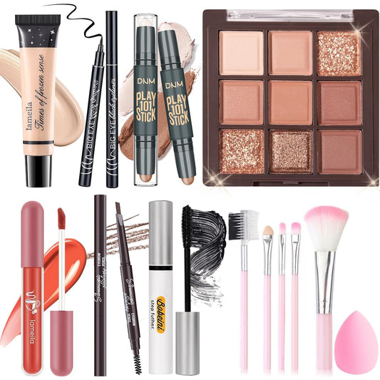 Makeup Set Kit for Women Girls Teens, Makeup Present Set, Includes 9 Color Eyeshadow, Counter Stick, Foundation, Eyebrow Pencil, Eyeliner, Mascara, Lip Gloss, 5Pcs Brushes, Sponge