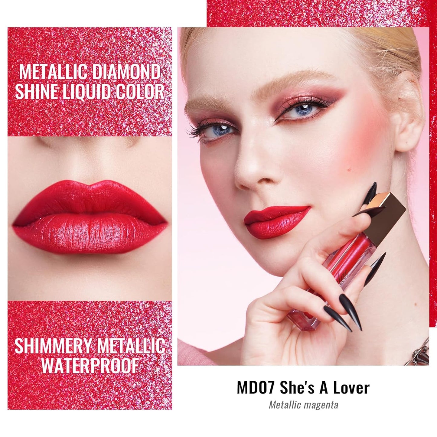 Oulac Red Lipsticks for Women Metallic Lipstick, Long Lasting Waterproof, Glitter Lipstick Dual Use for Lips & Eyeshadow, High Impact Lip Color, No Transfer, Vegan MD07