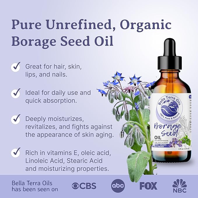 Bella Terra Oils - Organic Borage Seed Oil 2oz - Dive into a World of Omega-6 & Essential Minerals, Natural Nourishment for a Radiant Complexion