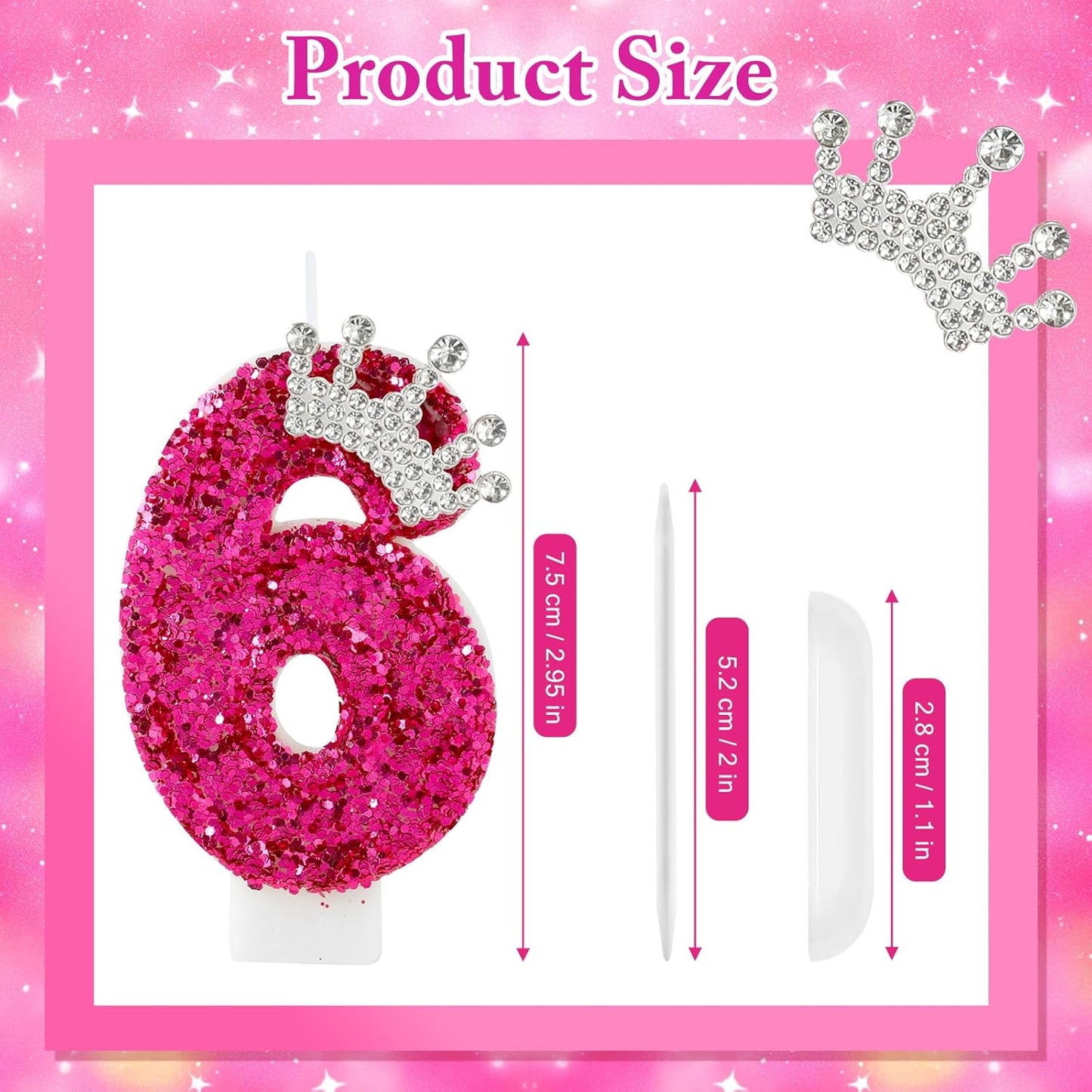 Hot Pink Birthday Candles Crown Number 6 Candle 6th Birthday Party Decorations Cake Topper Cupcake Decor for Anniversary Celebrations Supplies