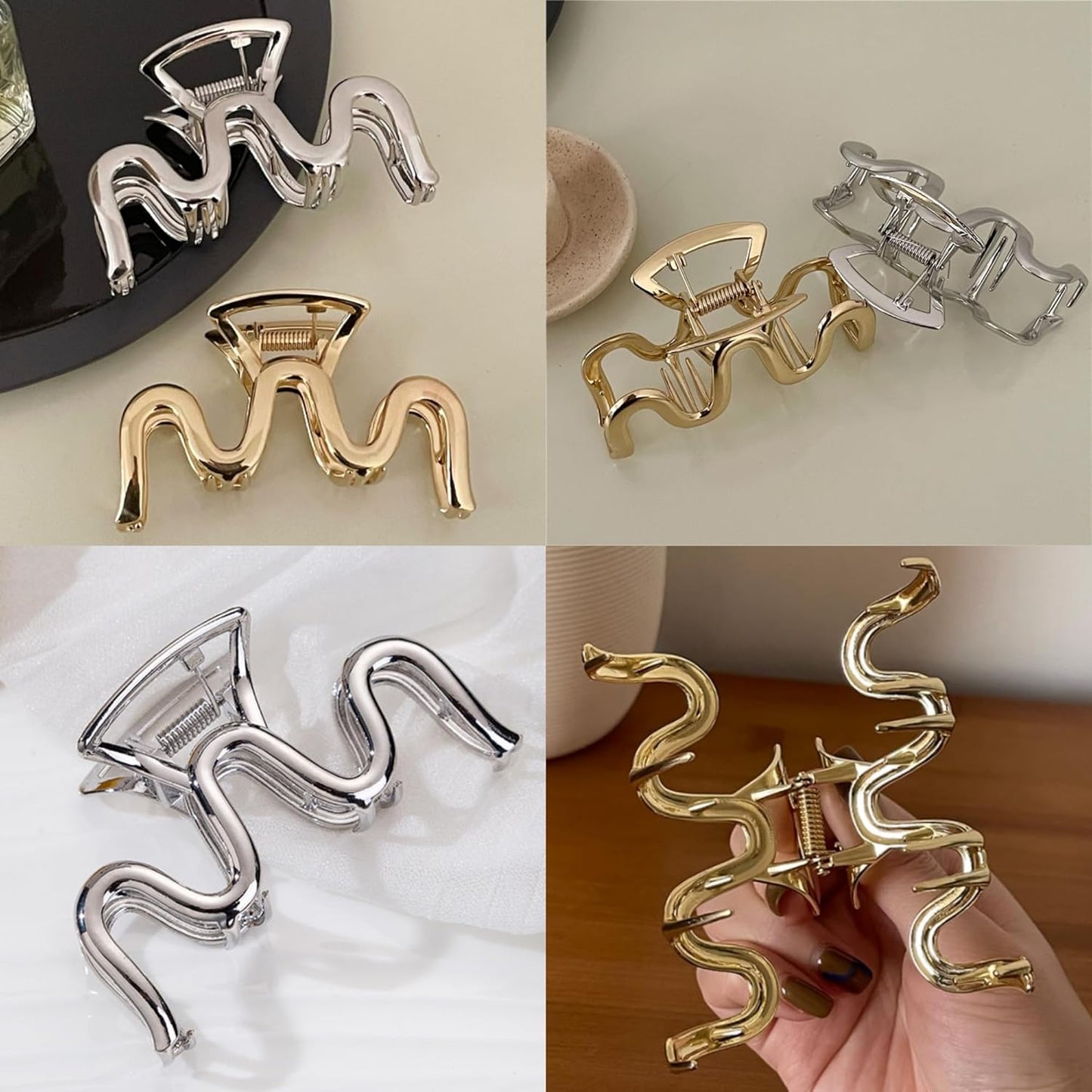 Large Metal Hair Claw Clips for Women, Gold Strong Hold Non-Slip Hair Catch Barrette Jaw Clamp for Thin Thick Curly Hair, Silver Metal Hair Clips Fashion Hair Styling Accessories