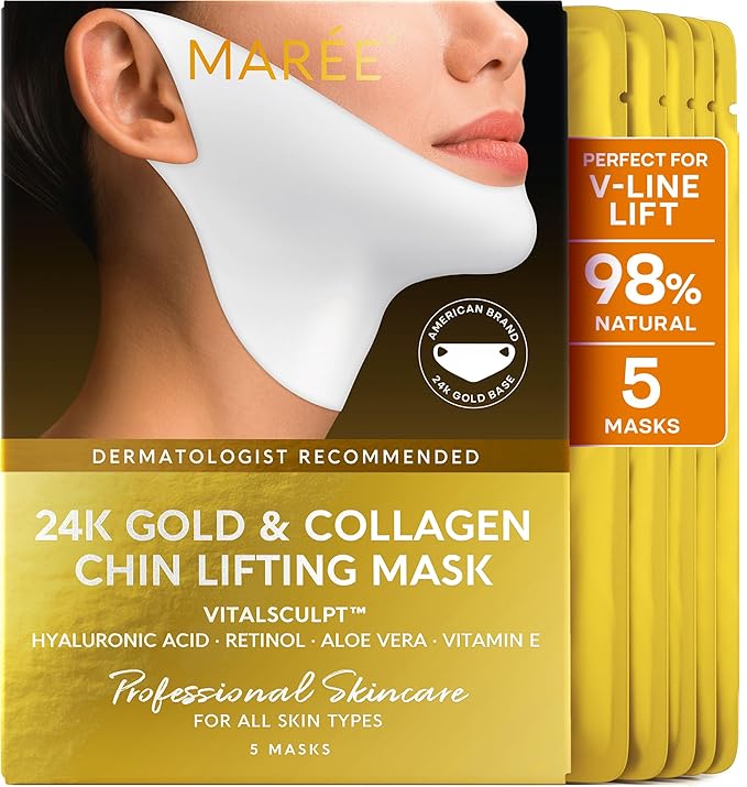 MAREE V Line Lifting Mask with 24K Gold - Deep Collagen Jawline Shaper Mask with Retinol for Face Lift - Facial Skincare Chin Strap - Hyaluronic Acid, Vitamin E - 5 Count