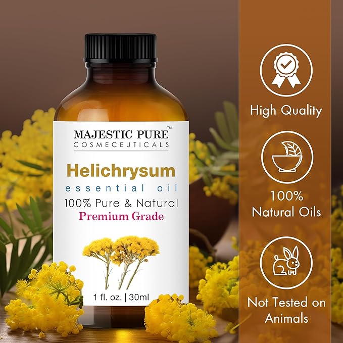 Majestic Pure Helichrysum Essential Oil | 100% Pure and Natural Helichrysum Oil | Premium Grade Essential Oils for Hair Care, Home Diffusers, Skin, Aromatherapy, Massage and Humidifiers | 1 Fl Oz