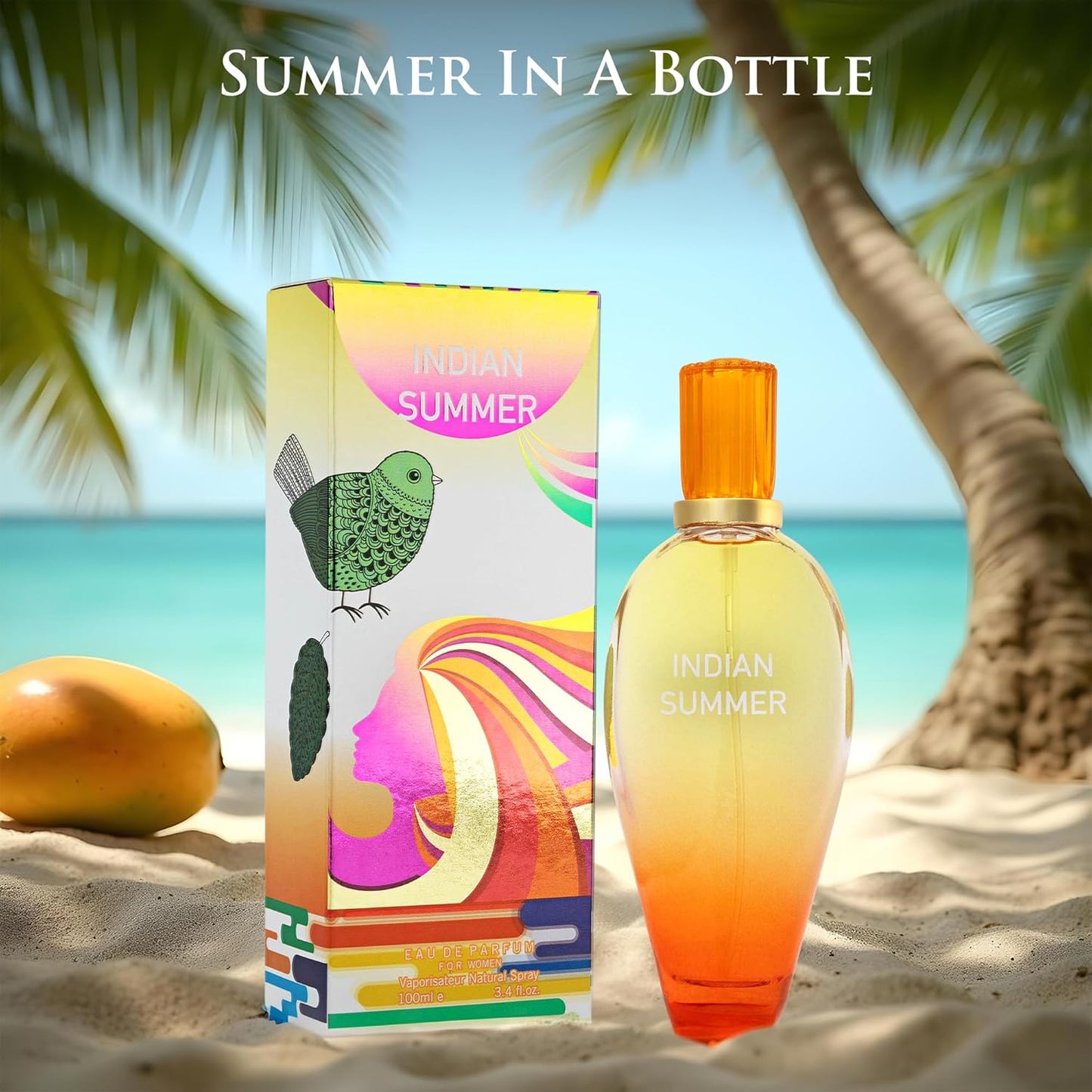 Indian Summer for Women 3.4 Fl Oz- Opening Scents of Mango, Nectarine & Orange - Sweet, Milky & Tropical Aromas of Coconut Blend - Base Notes of Sandalwood & Musk - Natural & Paraben Free, Parfume