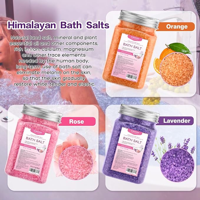 Bath Salt 3 Pack Kit Himalayan Pink Salt Foot Soak Lavender Orange Rose Scent Tea Tree Oil Epsom Salt Bubble Bath for Women Dead Sea Salt Moisturizing Skin Softens Calluses Mom Bath Sea Salt