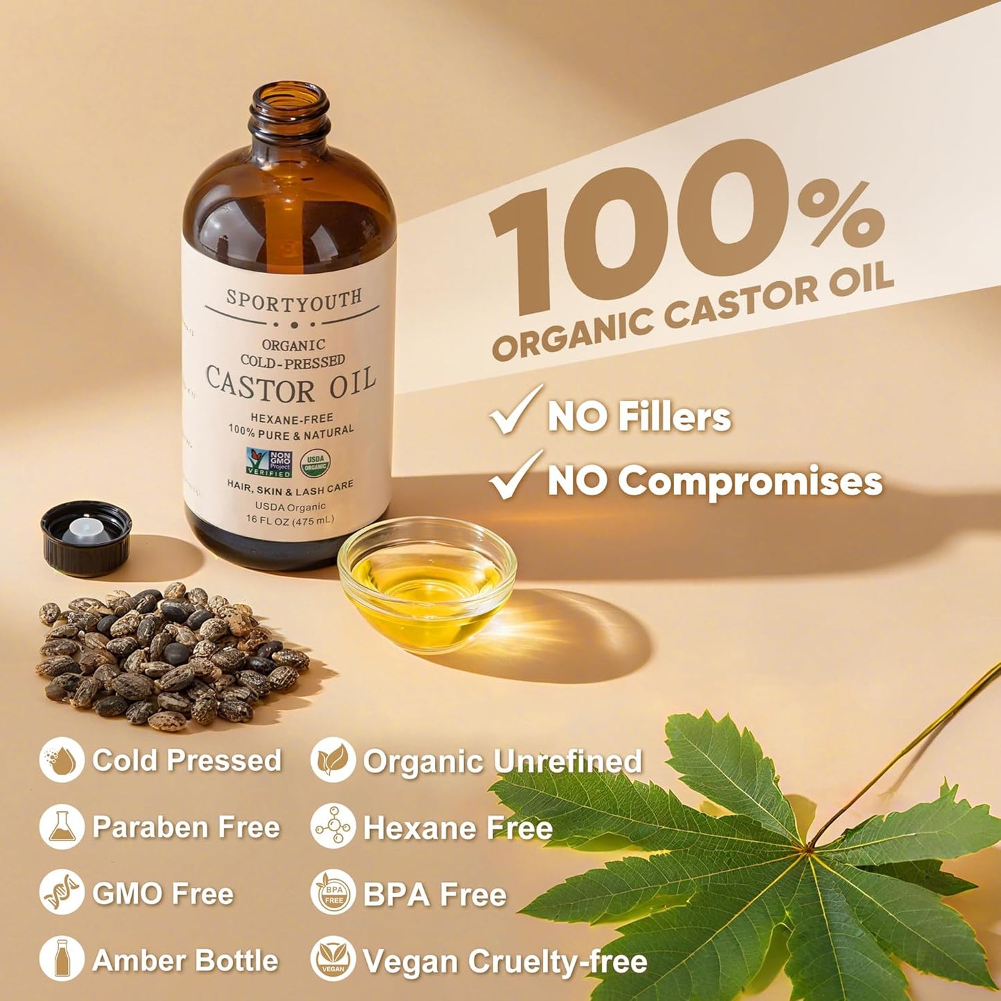 SPORTYOUTH Castor Oil Organic Cold Pressed Hexane Free USDA Certified 100% Pure Unrefined 16 oz Glass Bottle Carrier Oil for Hair Growth, Scalp, Castor Oil Pack, Eyelashes, Brows, Skin, Face, Body