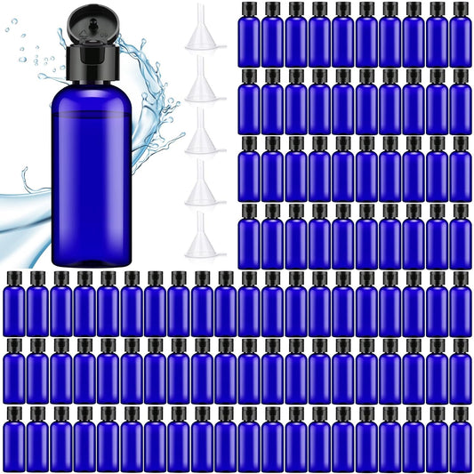 Eccliy 100 Pack 2 oz Travel Bottles Plastic Bottles with Lids Refillable Travel Size Cover Cap Plastic Liquid container for Toiletries Lotions Shampoo Creams Dispensing with 5 Funnels(Blue)