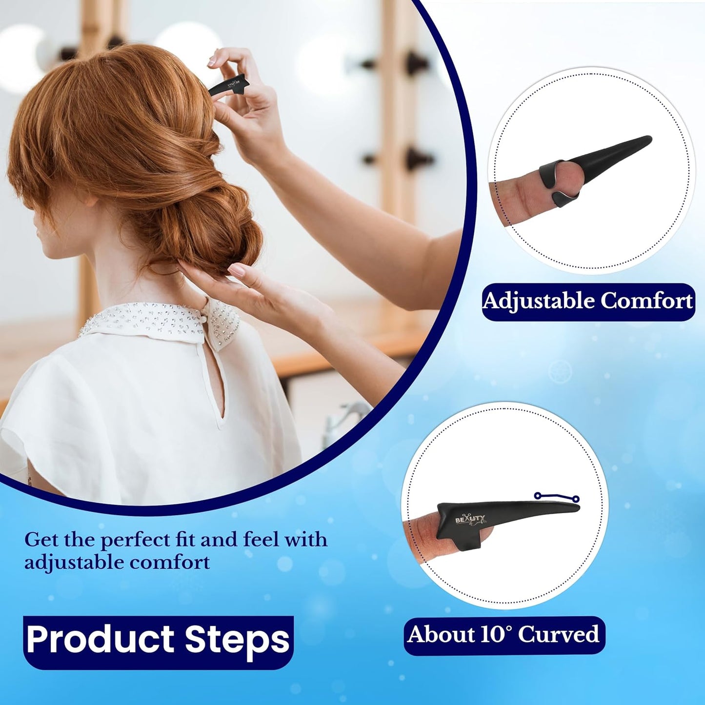 Beauty & Crafts 2PC Pro Hair Parting & Sectioning Rings-Stainless Steel Finger Tool for Precise Hair Styling and Extension Installations - Straight & 1 Curved Ring with Carrying Box (Black)