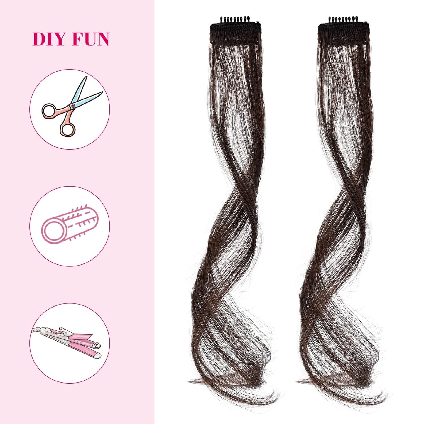 REECHO Long Side Air Bangs, Wavy Curly Clip in Curtain Bangs Front Side Bangs Face-Framing Highlights for Women Daily Use 2 PCS Set Long Temples-Dark Chocolate Brown