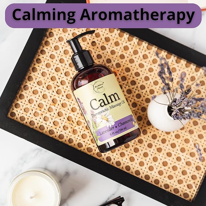 Calm Massage Oil for Massage Therapy with Lavender & Chamomile Essential Oils to Relax Sore Muscles | All Natural with Coconut, Grapeseed & Jojoba for Smooth Skin | Brookethorne Naturals 8oz