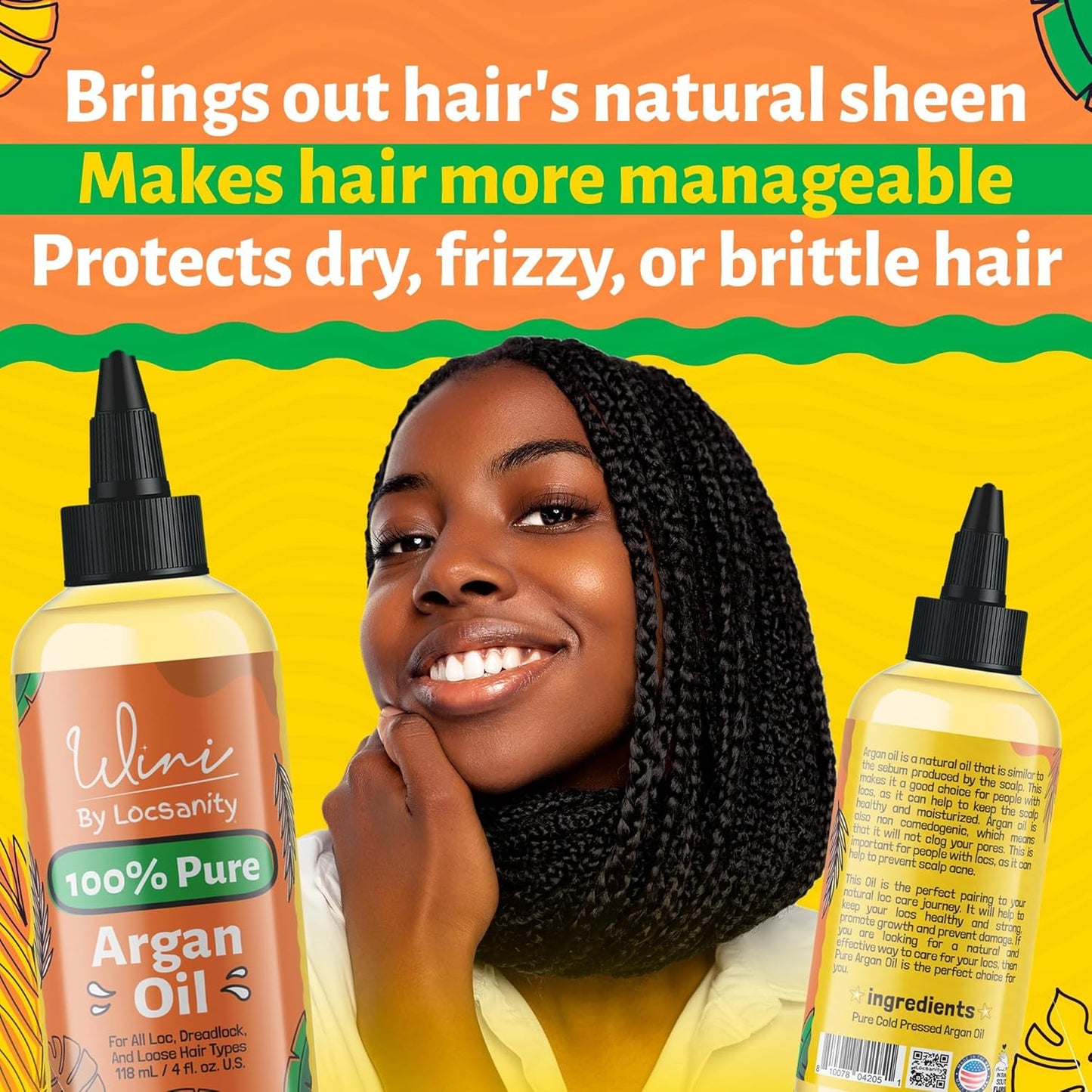 Locsanity Wini Pure 100% Cold Pressed Organic Argan Oil for Hair and Body | Non-GMO | Unscented - 4 fl oz: Moisturizing Oil for Hair Growth, Skin Hydration, Nail Care & Frizz Control