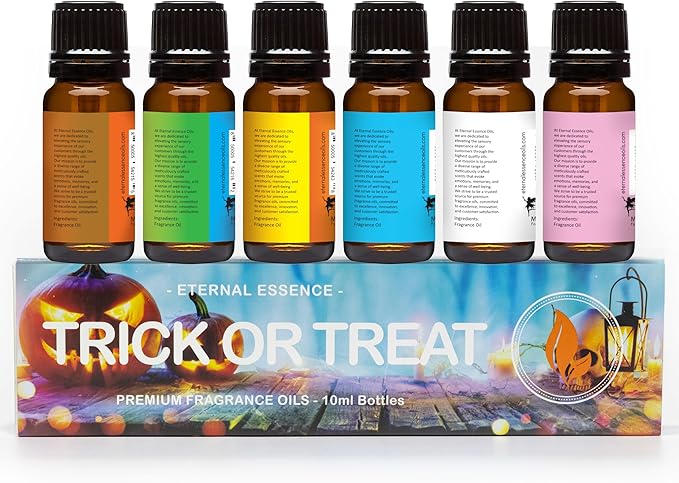 Eternal Essence Oils Trick Or Treat Set of 6 Premium Fragrance Oils - Salted Caramel Pumpkin, Candy Concoction, Bubble Gum, Malibu Rum Cupcakes, Candy Corn, and Blue Cotton Candy Scented Oils - 10ML
