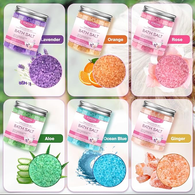 6 Pack Bath Salt KIT for Soaking Himalayan Pink Salt Lavender Orange Rose Pink Scent Epsom Salt Bubble Bath for Women Gift with Dead Sea Salt Moisturizing Skin Essential Oil