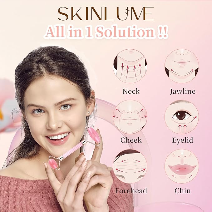 Jade Roller Gua Sha Facial Tool - for Face Neck Eye Jawline, Reduce Puffiness and Tension, Gift Set for Men Woman 100% Natural Jade Stone (Pink)