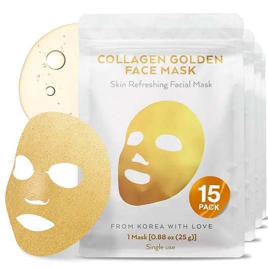 Korean Collagen Face Mask 15 PACK - 24K Gold Face Mask Skin Care - Premium Alternative to Korean Sheet Masks - Deep Collagen Mask For Face, Skin - Hydrating Face Masks Skincare Set
