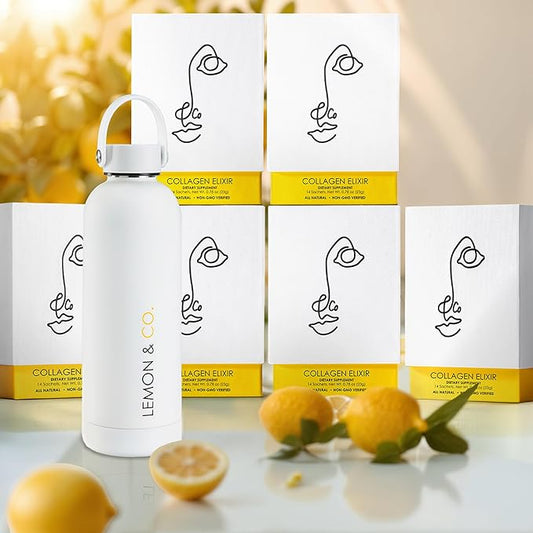 Lemon & Co. 12-Week Wellness Bundle – Liquid Collagen Elixir for Women & Men + Stainless Steel Insulated Bottle – 5g Marine Collagen for Skin, Hair, Nails, Gut Health | Organic Lemons, No Preservative