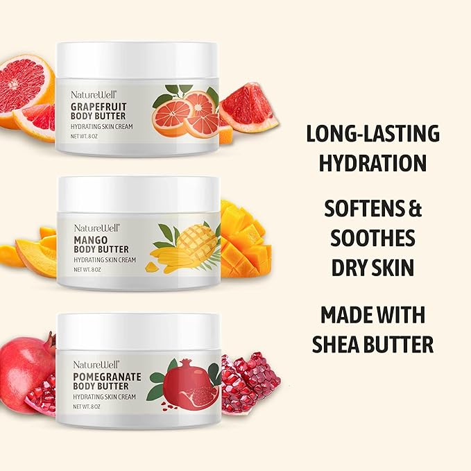 NATURE WELL Shea Body Butter Variety Pack, Includes Grapefruit, Mango, & Pomegranate, Provides Ultimate Nourishment & Hydration, 3 Pack (8 Ounces Each)