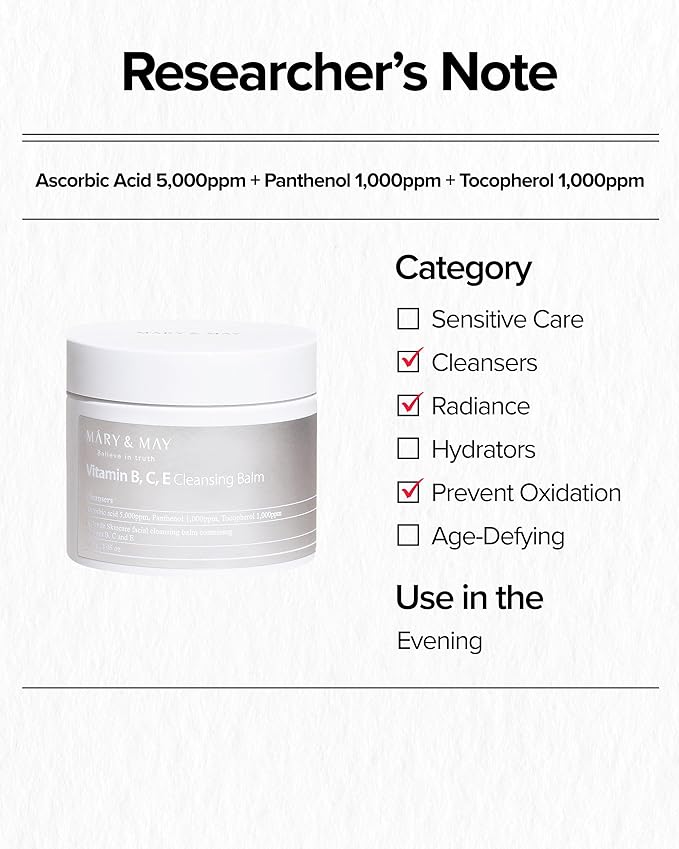 Mary&May Vitamin B, C, E Cleansing Balm - Oil Balm Gentle Makeup Remover and Skin Purifier for Glowing, Clear Skin - Hypoallergenic and Cruelty-Free, EWG ingredients, 4.06oz.