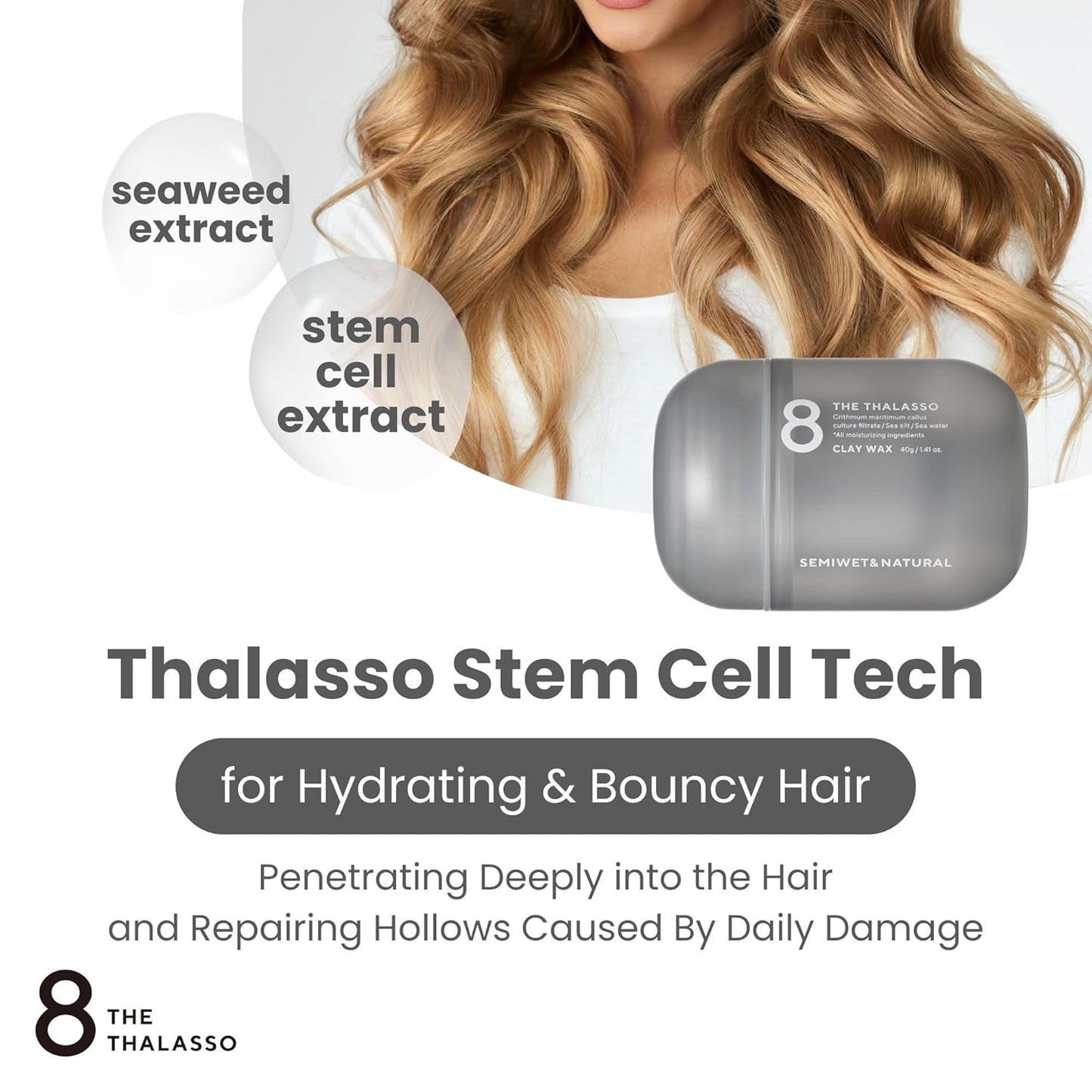 8 THE THALASSO Hydrating Hair Styling Clay Wax for Semi-Matte Finish, Non-Sticky Hair Wax from Japan with Natural Oils & Deep Ocean Water, SEMIWET & NATURAL, Aqua White Floral Scent, 1.41 Oz / 40g