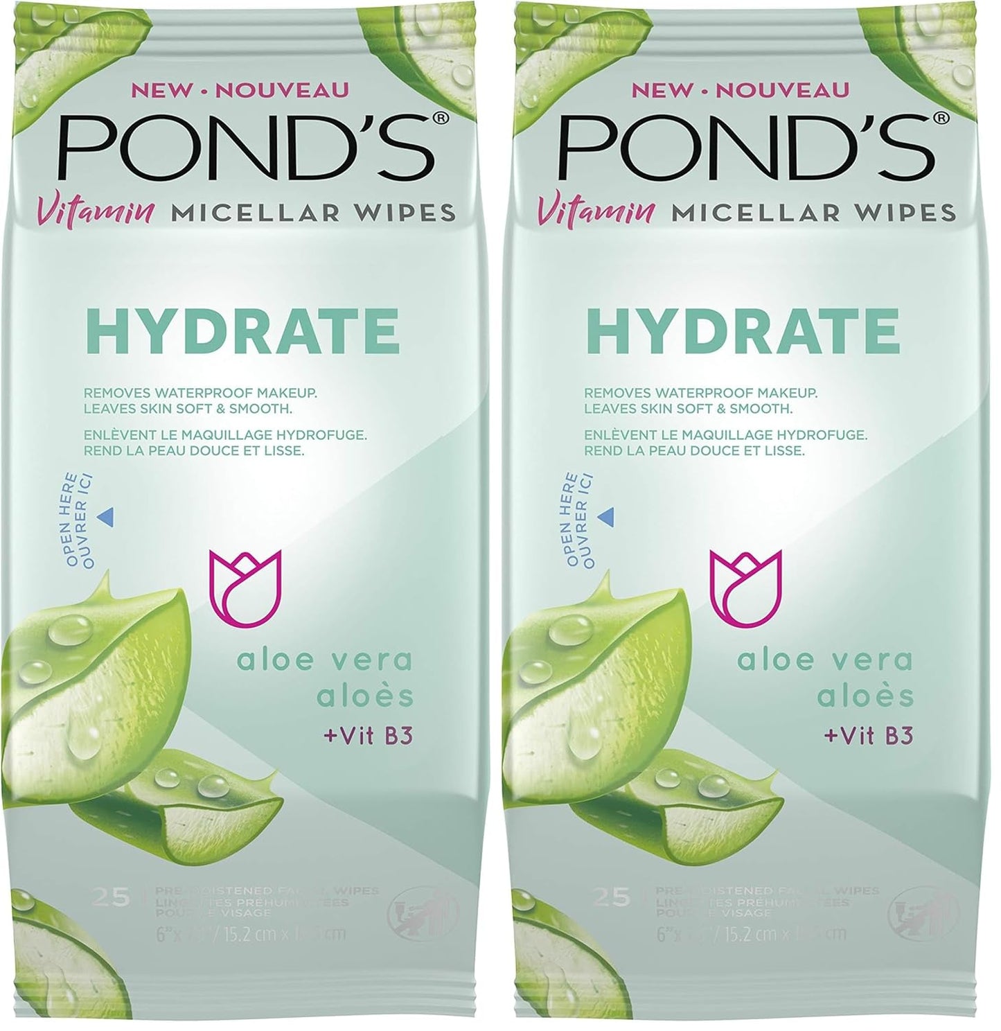 Pond's Vitamin Micellar Wipes For Dry Skin Hydrate Aloe Vera Removes Waterproof Makeup 25 Wipes (Pack of 2)