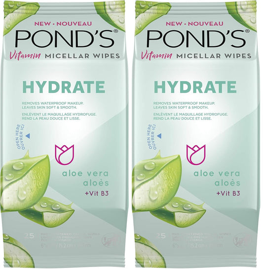 Pond's Vitamin Micellar Wipes For Dry Skin Hydrate Aloe Vera Removes Waterproof Makeup 25 Wipes (Pack of 2)