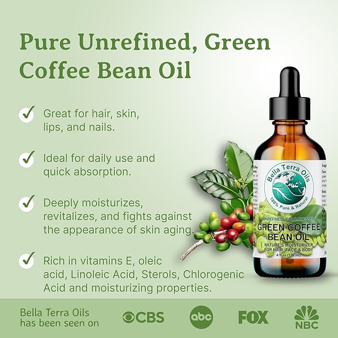 Bella Terra Oils - Green Coffee Bean Oil 4 oz - Rich in Quinic Acid & Lignans, Cold-Pressed from Authentic Coffee Beans, Premium Skin Nourishment