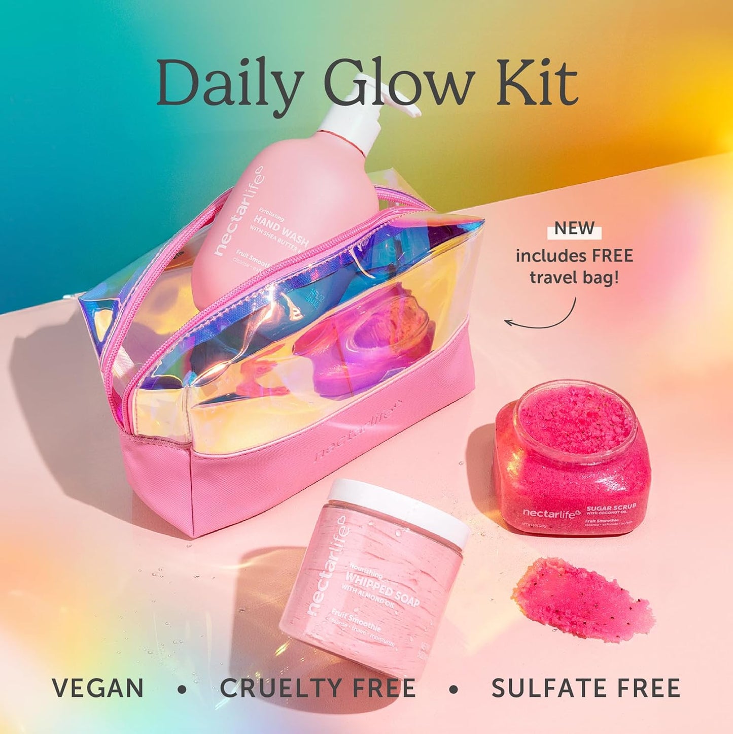 Nectar Life Daily Glow Kit Body Skin Care Set, Whipped Soap, Sugar Body Scrub, Hand Wash (Fruit Smoothie Scent)