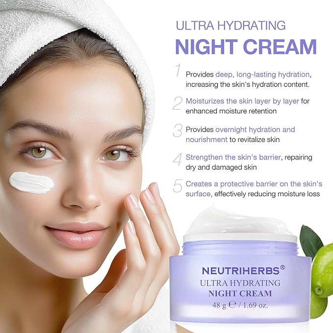 Neutriherbs Ultra Hydrating Night Cream, Face Moisturizer with Jojoba Oil, Ceramide, Squalane, Overnight Face Cream for Dry,Dehydrated Skin,Deep Nourish Hydrated Skin - 1.69oz