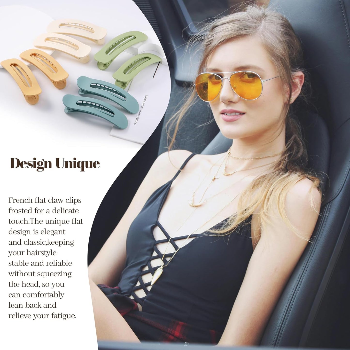 8 Pcs Large Lay Flat Claw Clips for Women French Side Slide Barrettes for Thin Fine Hair Rectangle Alligator Hair Accessories,Matte Beige Orange Blue Green