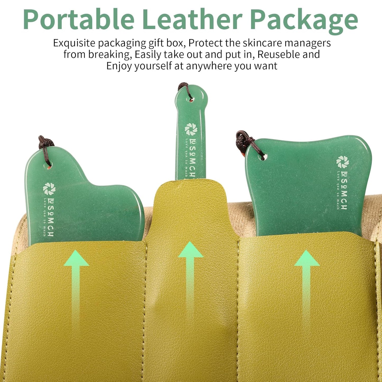 3PC Gua Sha Tools Set - Natural Nephrite Jade Facial & Body Stones, Hypoallergenic Skin Care Kit with Adjustable Cord & A Thoughful Acessory Pouch