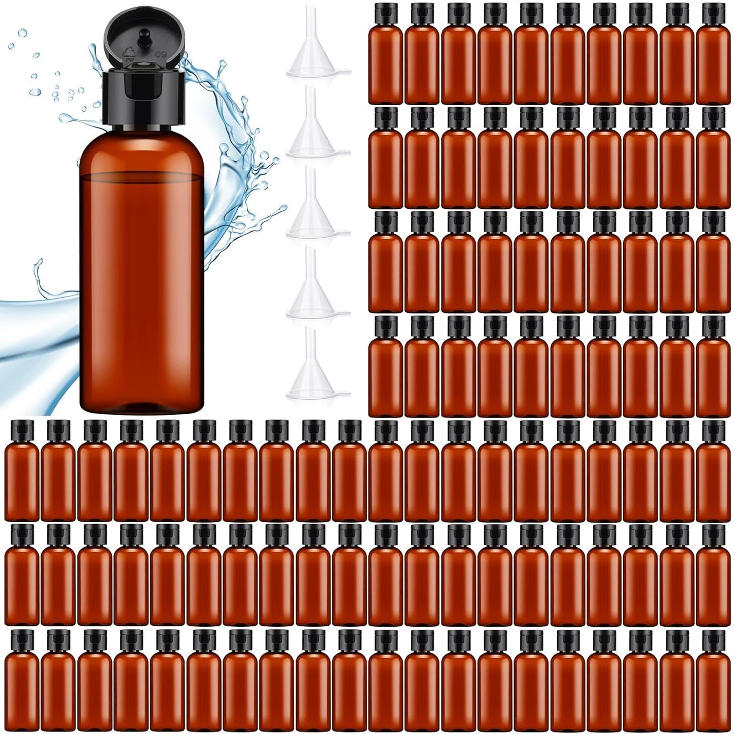 Eccliy 100 Pack 2 oz Travel Bottles Plastic Bottles with Lids Refillable Travel Size Cover Cap Plastic Liquid container for Toiletries Lotions Shampoo Creams Dispensing with 5 Funnels(Brown)
