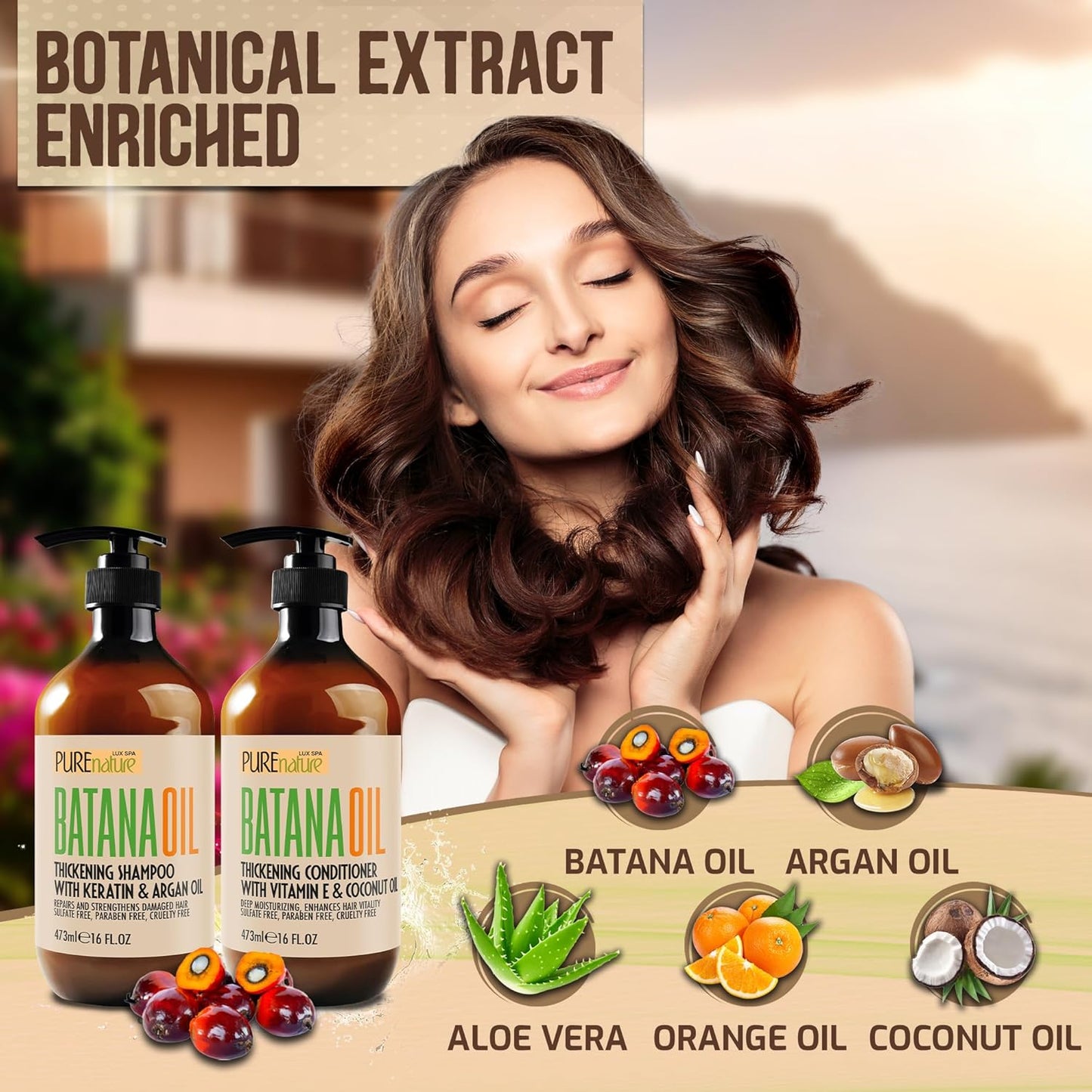 Batana Oil Shampoo and Conditioner Set - Thickening, Sulfate Free Formula for Women and Men - Volumizing, Moisturizing, Professional Salon Care Products for Fine, Thinning Hair - 16 Fl Oz (Pack of 2)