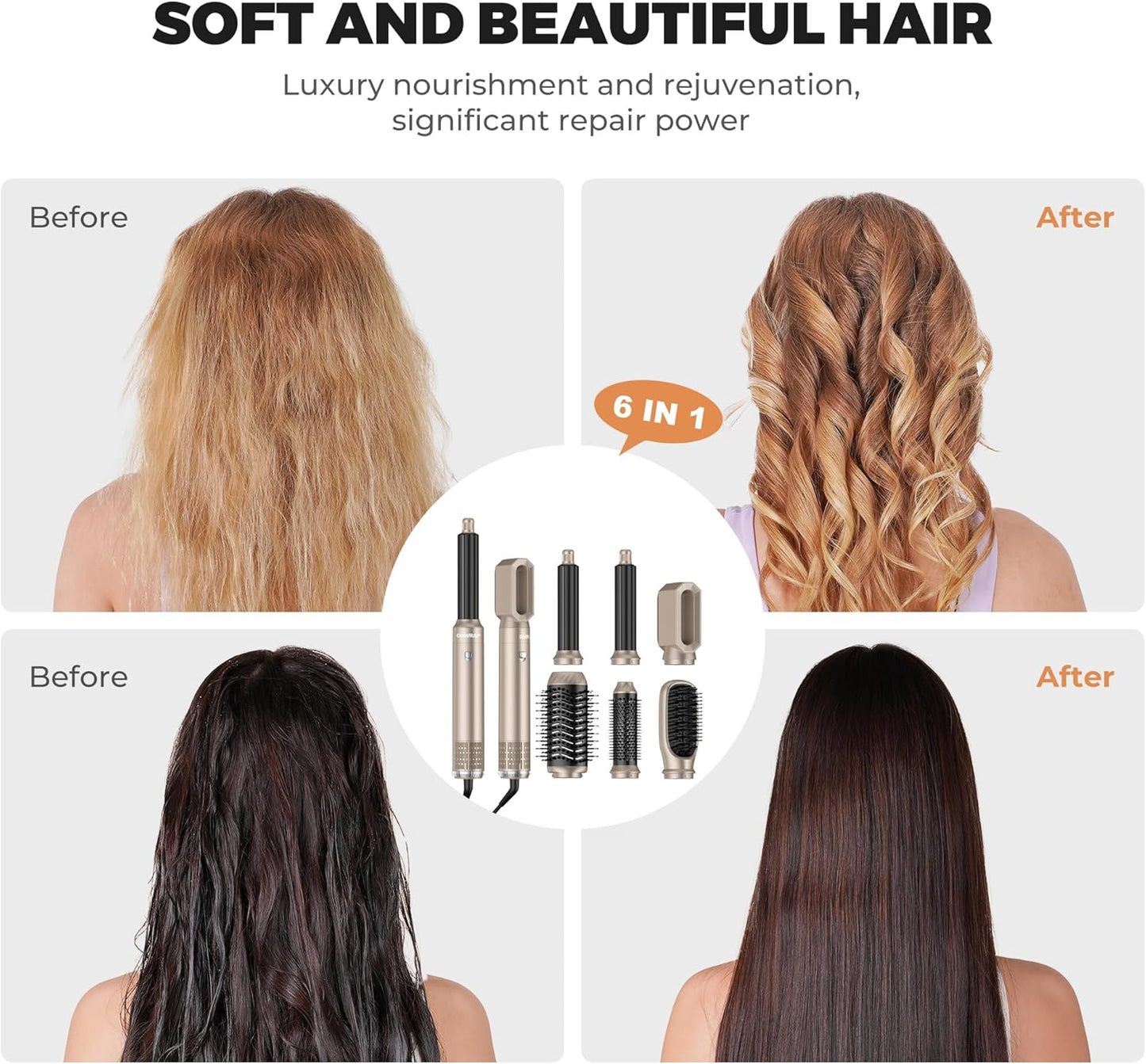 6 in ONE Hair Dryer Brush, Blow Dryer Curling Wand Hair Styling Tools Set, Ionic Hot Air Massage Oval Blowout Hair Dryer, Left&Right Hair Styler 100-120V