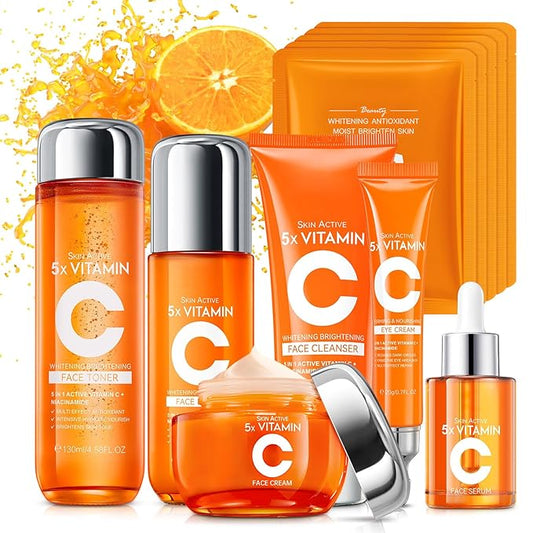 Vitamin C Skincare Set for Teenage Girls, 11-Piece Glow Kit with Facial Cleanser, Toner, Eye Cream, Serum, Lotion, Face Cream & Sheet Masks, Anti-Aging Skin Care Kit for Firming & Moisturizing